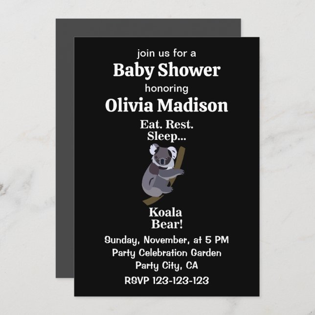 Koala Bear Funny Baby Shower Invitation (Front/Back)