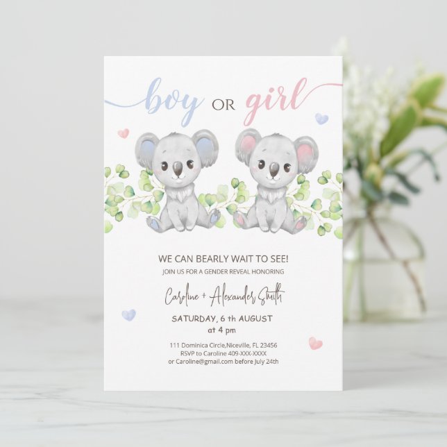 Koala Bear Gender Reveal Party Invitation (Standing Front)