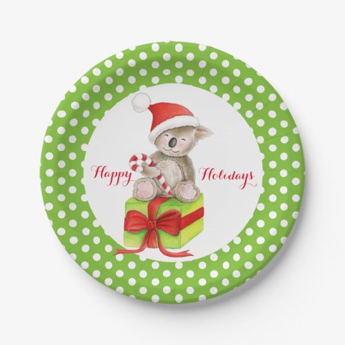 Koala bear Happy Holidays green party paper plate