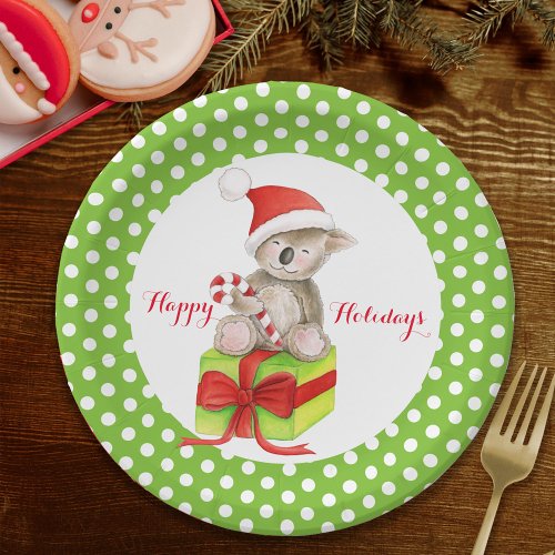 Koala bear Happy Holidays green party paper plate