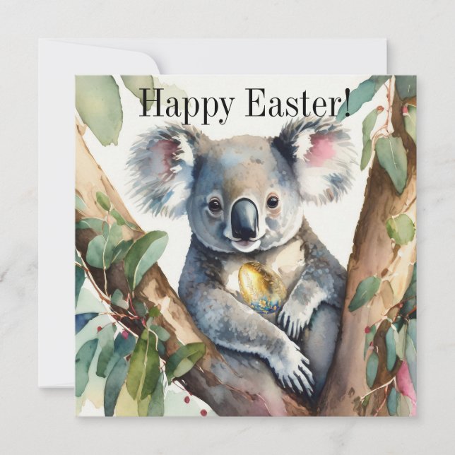 Koala bear holding a gold easter egg card (Front)
