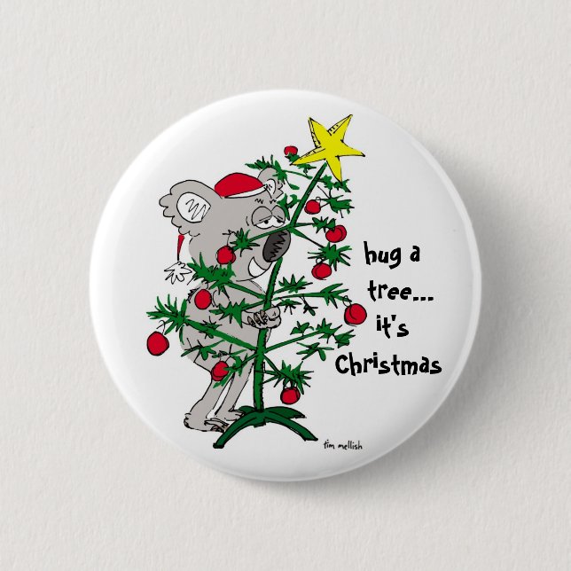 Koala bear hugging a Christmas tree Pinback Button (Front)
