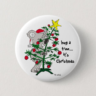 Koala bear hugging a Christmas tree Pinback Button