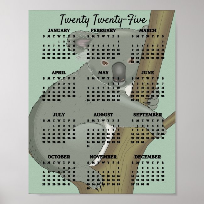 Koala Bear in Tree Design 2025 Calendar Poster