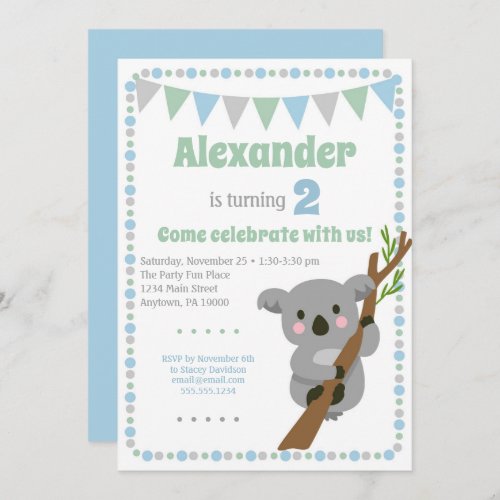 Koala Bear Invitation Cute Boy Birthday Party