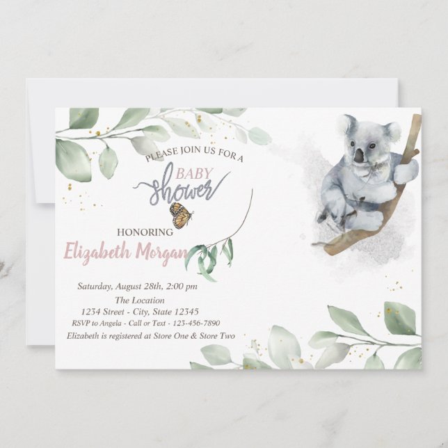 Koala Bear Leaves Baby Shower Invitation (Front)
