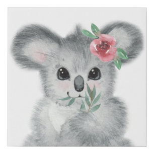Koala Bear  Nursery Watercolor Pink Modern Cute Faux Canvas Print