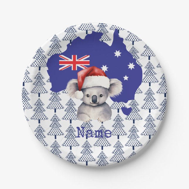 Koala Bear on Australia Flag and Christmas Tree Paper Plates (Front)