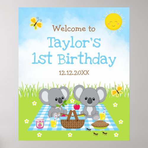 Koala Bear Picnic Blue Birthday Welcome Sign