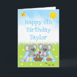 Koala Bear Picnic Blue Gingham Happy Birthday Card<br><div class="desc">This cute and whimsical birthday card can be personalized with a name or title, such as son, grandson, nephew, friend etc. It features adorable koala bears having a picnic on a blue gingham cloth with treats such as honey, watermelon, strawberry jam, lemonade and pie. In the background is a bright...</div>