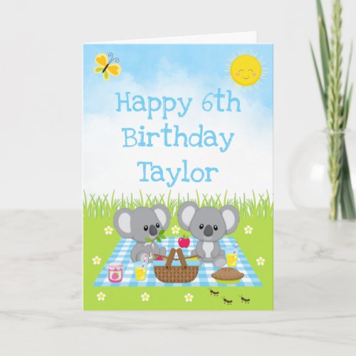 Koala Bear Picnic Blue Gingham Happy Birthday Card