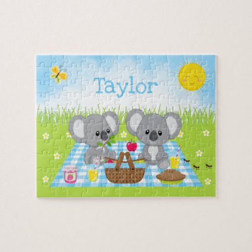 Koala Bear Picnic Boy Blue Gingham Jigsaw Puzzle