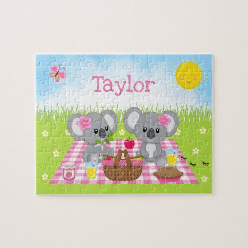 Koala Bear Picnic Girl Pink Gingham Jigsaw Puzzle