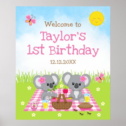 Koala Bear Picnic Pink Birthday Welcome Sign