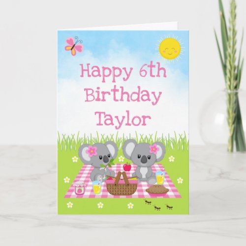 Koala Bear Picnic Pink Gingham Happy Birthday Card