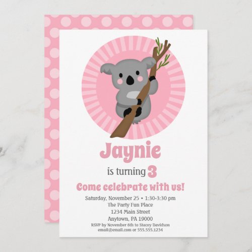 Koala Bear Pink Birthday Party Invitation