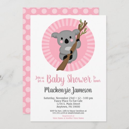 Koala Bear Pink Girls Baby Shower Invitation