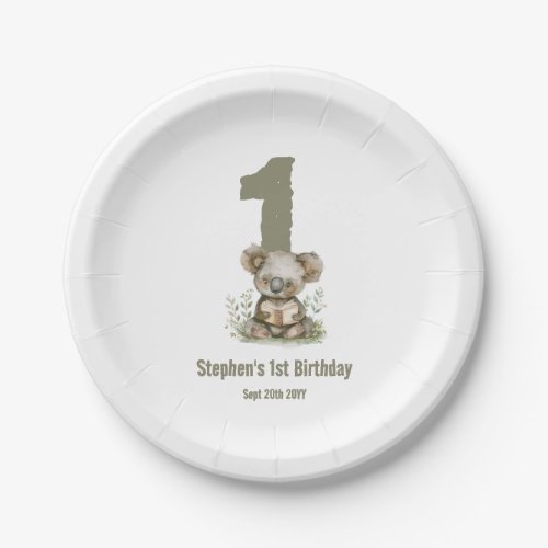  Koala Bear Sage Green 1st Birthday Party  Paper Plates