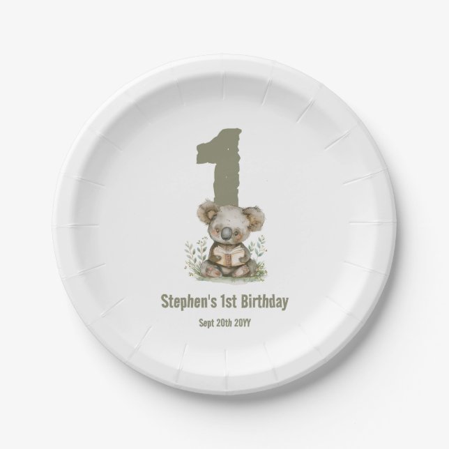  Koala Bear Sage Green 1st Birthday Party  Paper Plates (Front)