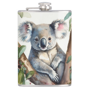 Koala bear sitting in gum tree flask