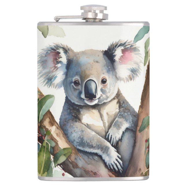 Koala bear sitting in gum tree flask (Front)