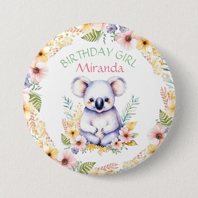 Koala Bear Themed Birthday Girl Personalized Button (Front)