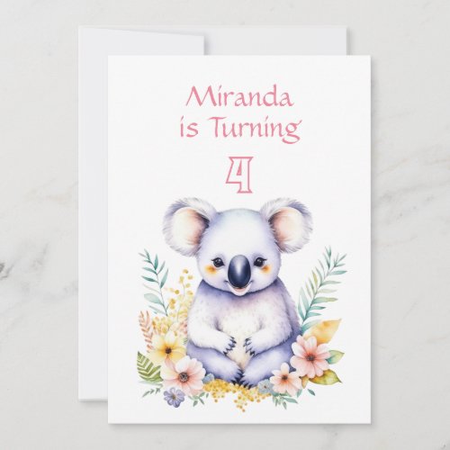 Koala Bear Themed Girls Birthday Party Invitation