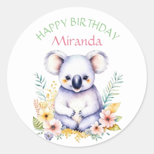 Koala Bear Themed Girls Happy Birthday Classic Round Sticker