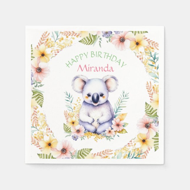 Koala Bear Themed Girl's Happy Birthday Napkins (Front)