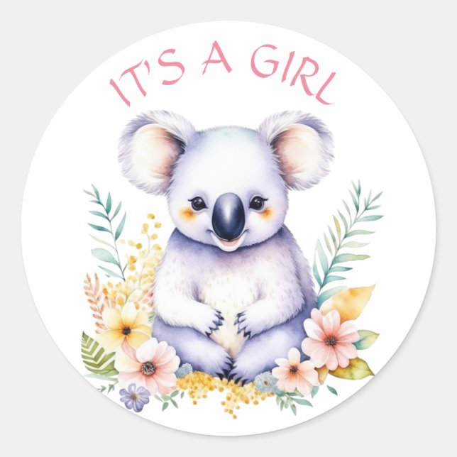 Koala Bear Themed It's a Girl Baby Shower Classic Round Sticker (Front)