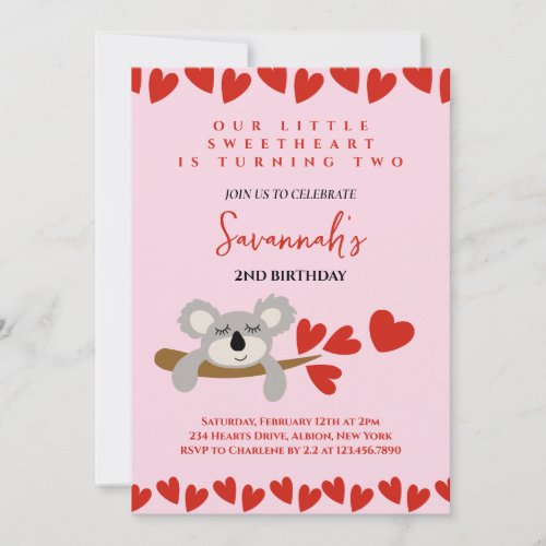 Koala Bear Valentines Day Birthday Hearts  Invitation