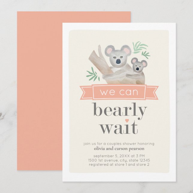 Koala Bear We Can Bearly Wait Couples Baby Shower Invitation (Front/Back)