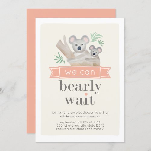 Koala Bear We Can Bearly Wait Couples Baby Shower Invitation