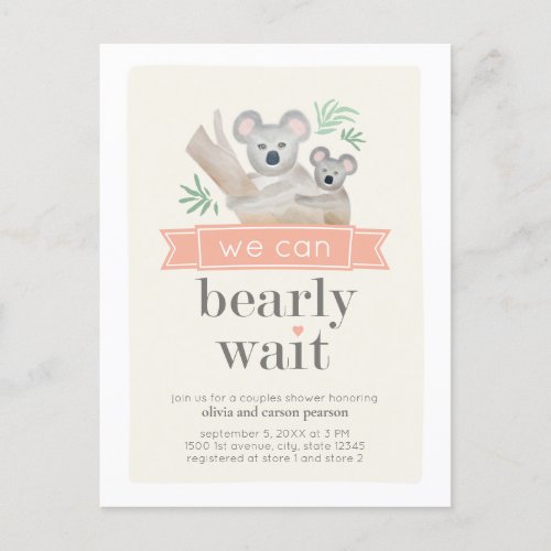 Koala Bear We Can Bearly Wait Couples Baby Shower  Postcard