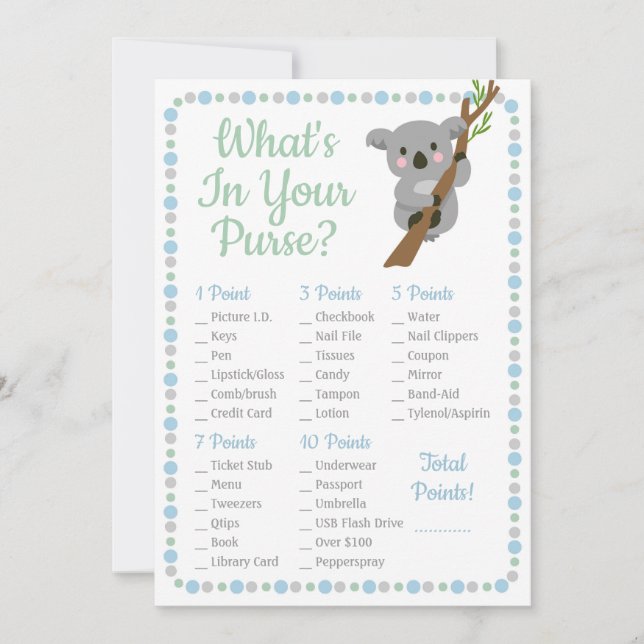 Koala Bear What's In Your Purse Shower Game Blue (Front)