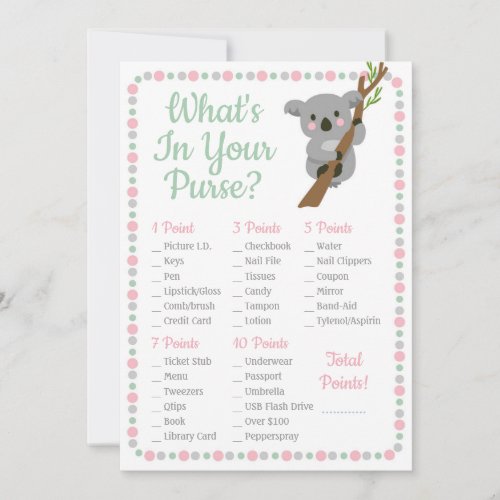 Koala Bear Whats In Your Purse Shower Game Pink