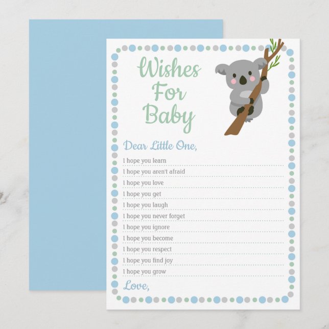 Koala Bear Wishes For Baby Shower Game Blue Boy Invitation (Front/Back)