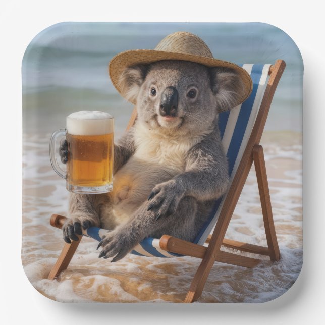 Koala Bear With a Beer on a Beach Paper Plates (Front)