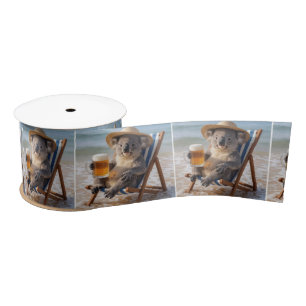 Koala Bear With a Beer on a Beach Satin Ribbon