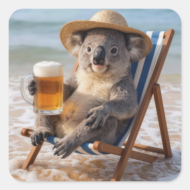 Koala Bear With a Beer on a Beach Square Sticker (Front)