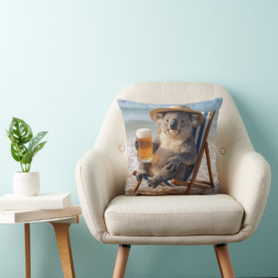 Koala Bear With a Beer on a Beach Throw Pillow