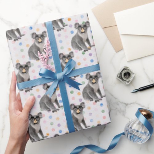 Koala Bear with Groucho Glasses On Polka Dots Wrapping Paper