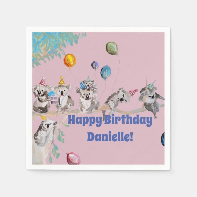 Koala Bears Birthday Party Animal Girls Pink Napkins (Front)