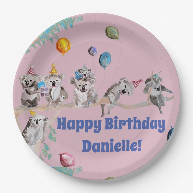 Koala Bears Birthday Party Animal Girls Pink Paper Plates (Front)