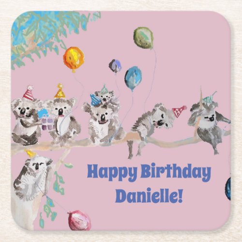 Koala Bears Birthday Party Animal Girls Pink Square Paper Coaster