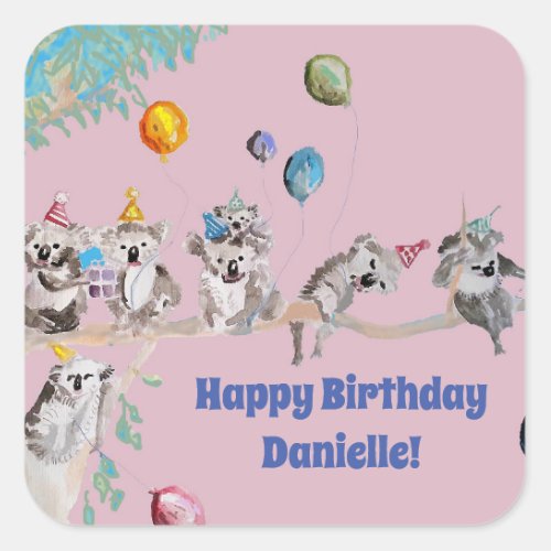 Koala Bears Birthday Party Animal Girls Pink Square Sticker