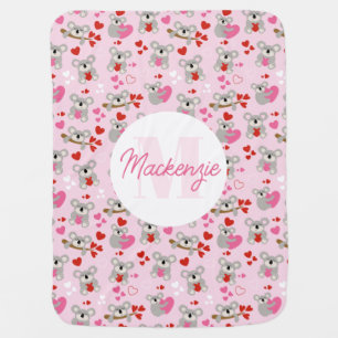 Koala Bears Hearts Monogram Girl Baby Blanket