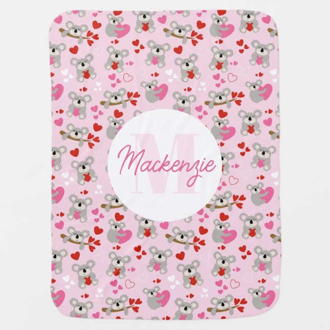 Koala Bears Hearts Monogram Girl  Baby Blanket (Front)