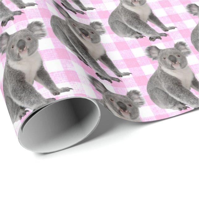 Koala Bears on Pink Ginhgam Wrapping Paper (Roll Corner)