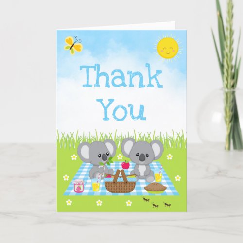 Koala Bears Picnic Birthday Blue Gingham Thank You Card